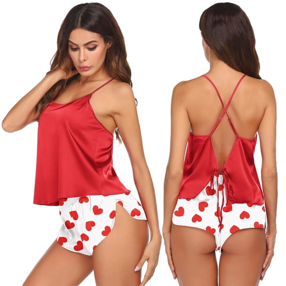 Ekouaer Valentine' Silk Satin Pajamas Set for Women, Backless Lingerie Cami Top & Shorts Sleepwear