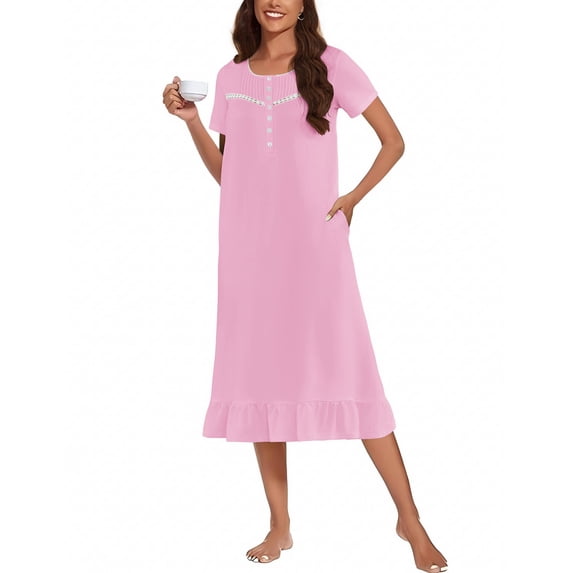 Ekouaer Victorian Nightgowns for Women Soft Long Button Night Gowns Comfy House Dresses with Pockets Short Sleeve Sleep Shirts