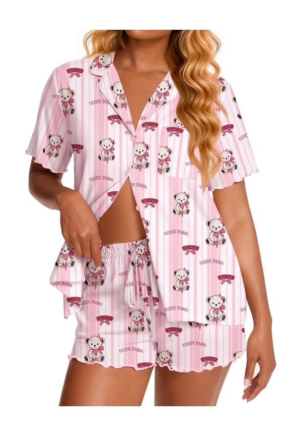 Viscose from Bamboo Women Pajama Sets Button Up Cooling Pjs Short Sleeve Ruffle Sleepwear 2 Piece Lounge Shorts Set