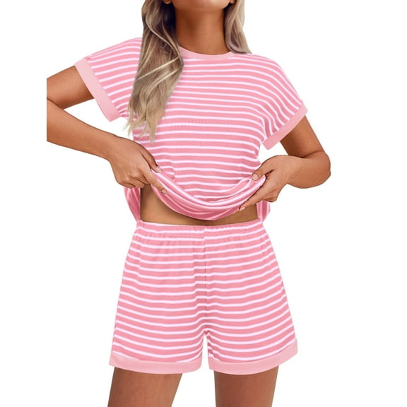 Ekouaer Waffle Knit Lounge Set Women Stripe Pajama Sets Short Sleeve Pj Tops and Shorts Matching loungewear with Pockets TW892 XXL