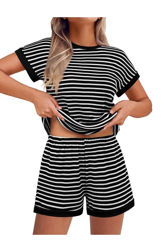 Waffle Knit Lounge Set Women Stripe Pajama Sets Short Sleeve Pj Tops and Shorts Matching loungewear with Pockets TW893 XXL