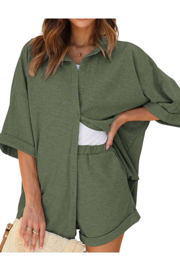 Waffle Knit Lounge Sets for Women Short Sleeve Pajamas Button Down Pjs Oversized Loungewear Shorts Set
