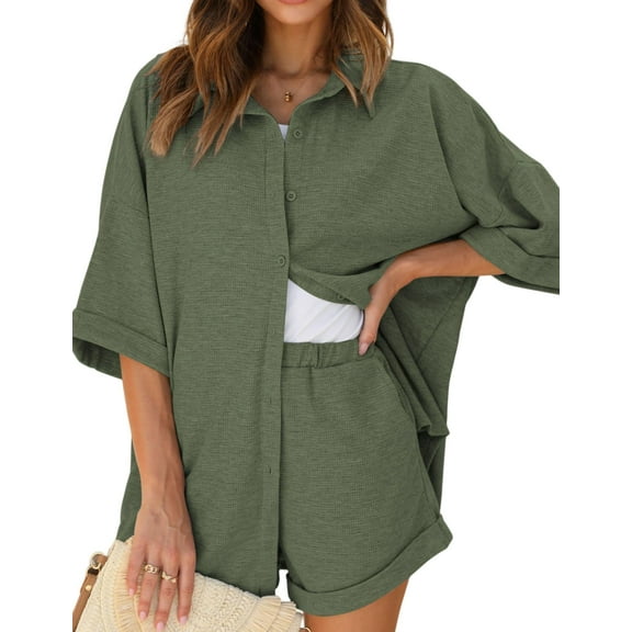 Ekouaer Waffle Knit Lounge Sets for Women Short Sleeve Pajamas Button Down Pjs Oversized Loungewear Shorts Set
