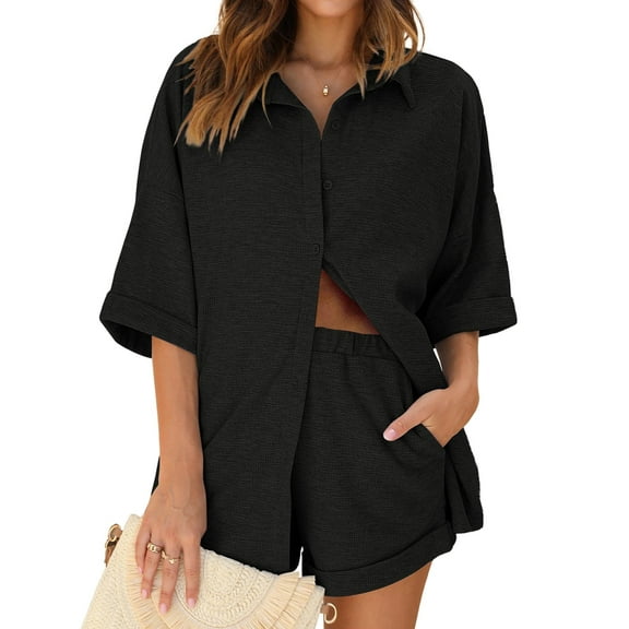 Ekouaer Waffle Knit Lounge Sets for Women Short Sleeve Pajamas Button Down Pjs Oversized Loungewear Shorts Set