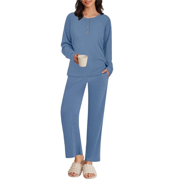 Ekouaer Waffle Knit Pajamas for Women Set Long Sleeve Pants Pj Henley Tops Lounge Sets Comfy Sleepwear with Pockets
