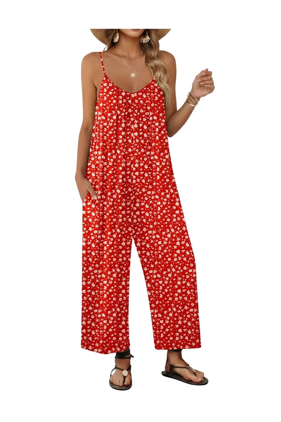 Wide Leg Jumpsuits for Women Casual Overalls Sleeveless Vacation Outfits One Piece Boho Printed Romper with Pocket