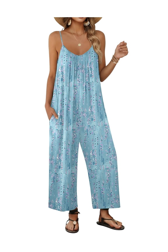 Wide Leg Jumpsuits for Women Casual Overalls Sleeveless Vacation Outfits One Piece Boho Printed Romper with Pocket