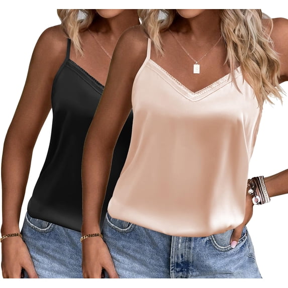 Ekouaer Women' 2 Pack Lace Silk Satin Pajama Tank Tops V Neck Camisole Soft Spaghetti Strap Tops Loose Sleepwear Black/Champagne Large