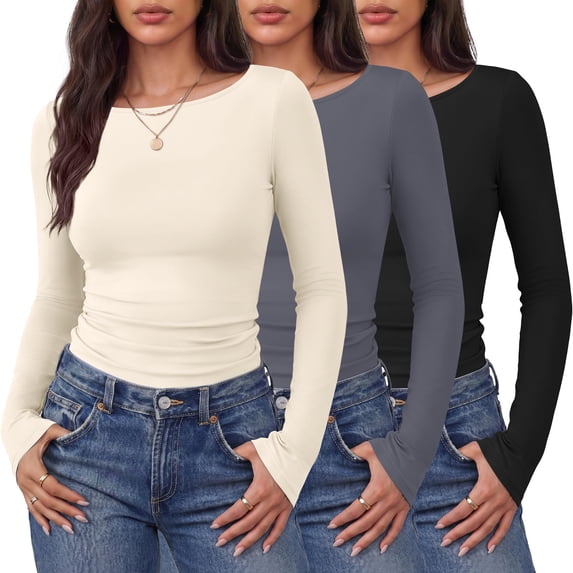 Ekouaer Women 3 Packs Long Sleeve Shirts Boat Neck Tops Fall Fashion ...