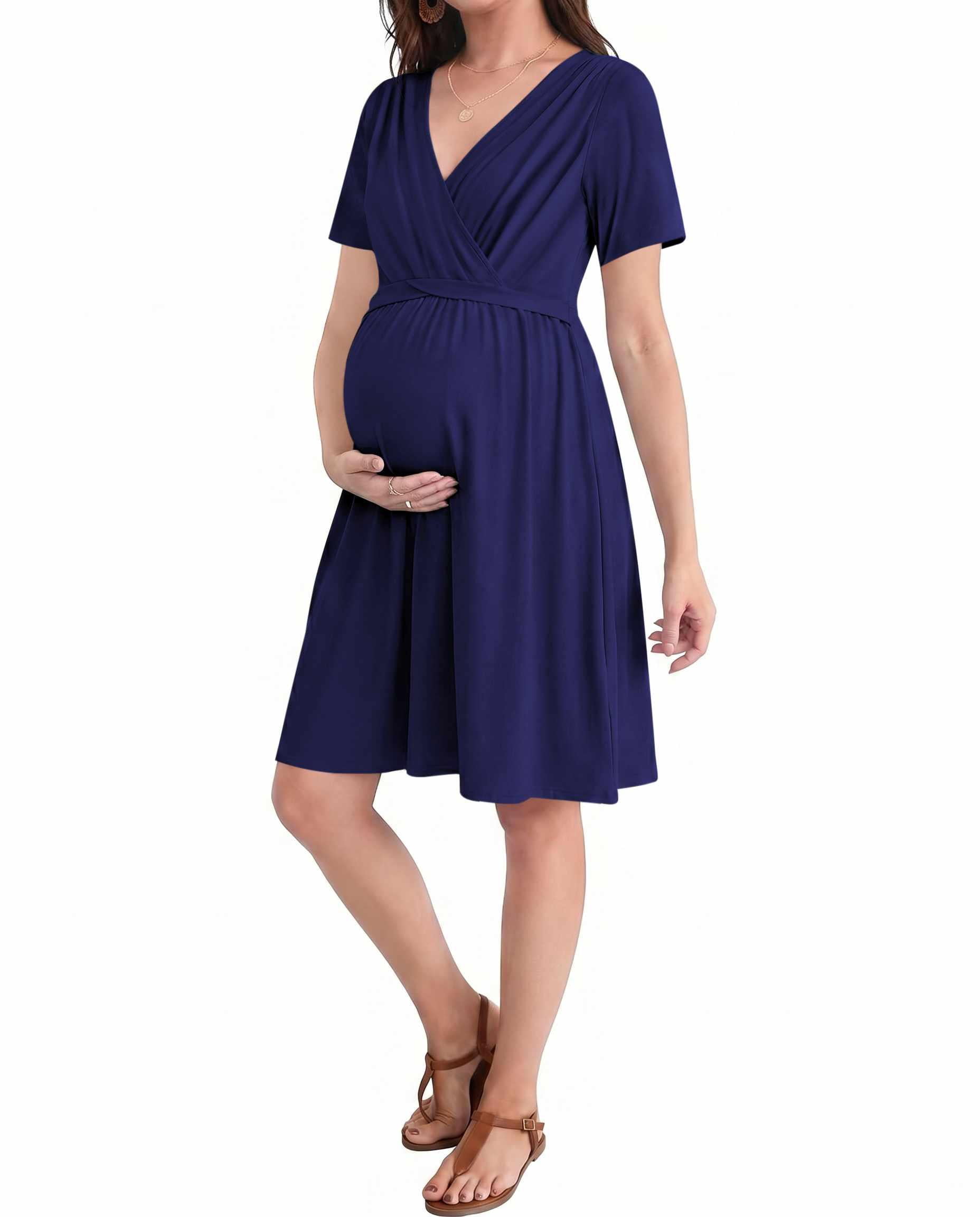 Women 3 in 1 Labor and Delivery Gown Split Front Flap Maternity Hospital Dress Nursing Nightgown for Breastfeeding Navy Blue