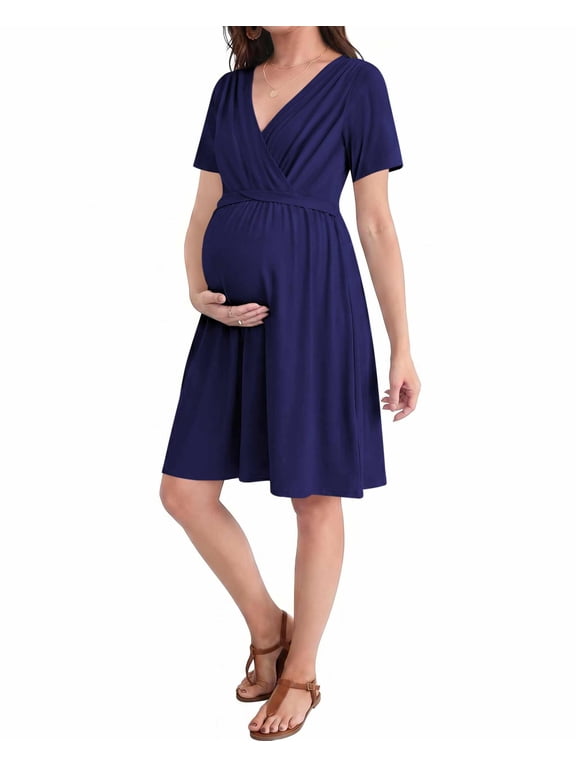 Women 3 in 1 Labor and Delivery Gown Split Front Flap Maternity Hospital Dress Nursing Nightgown for Breastfeeding Navy Blue