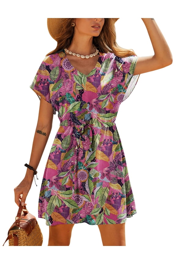 Women' Cover Ups Casual Swimsuit Coverups Flowy Tie Waist Beach Cover Up Dress
