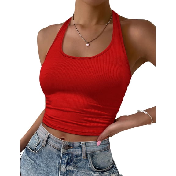 Ekouaer Women Halter Top Backless Scroop Neck Slim Stretchy Ribbed Knit Camisole Crop Tops