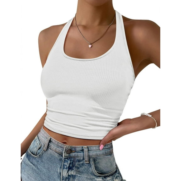 Ekouaer Women Halter Top Backless Scroop Neck Slim Stretchy Ribbed Knit Camisole Crop Tops