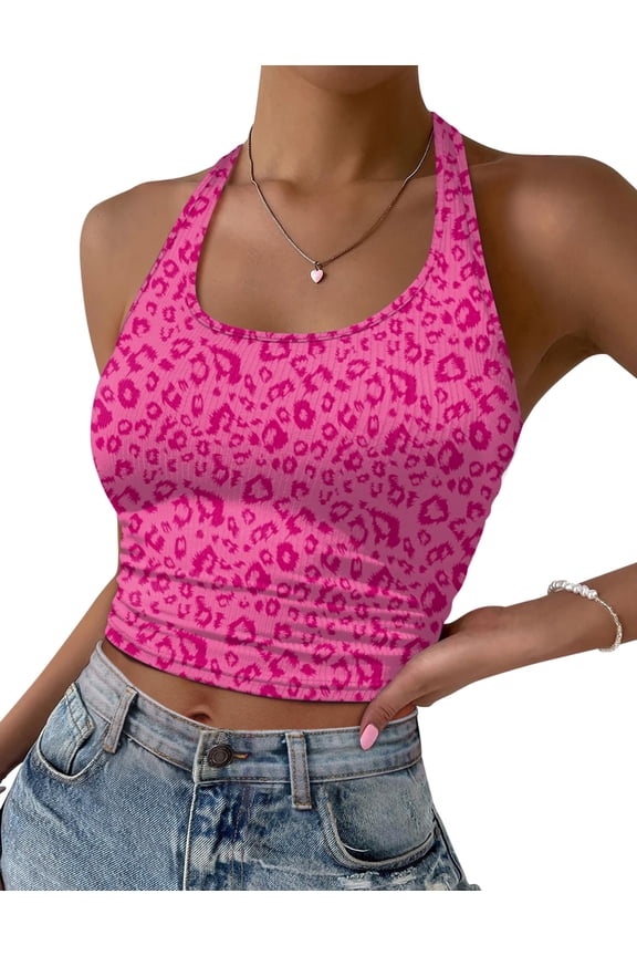 Women Halter Top Backless Scroop Neck Slim Stretchy Ribbed Knit Camisole Crop Tops