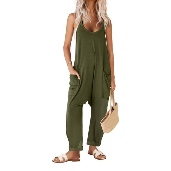 Ekouaer Baggy Jumpsuits for Women V Neck Sleeveless Overall Jumpers Stretchy Adjustable Strap Romper Jumpsuit Maternity Clothes