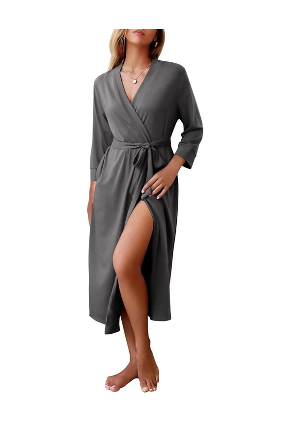 Women Robes Long Knit Bathrobe Lightweight Soft Summer Kimono Robes Casual Loungewear with Attached Belt