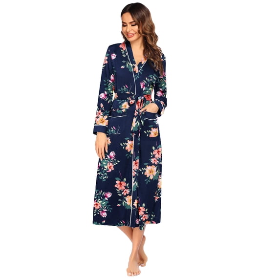 Ekouaer Women Kimono Robes Full Length Knit Bathrobe Lightweight Soft Sleepwear V-neck Casual Ladies Loungewear