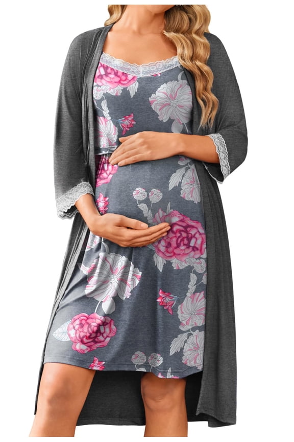 Women Lace Maternity Nursing Gown and 3/4 Sleeve Robe Set Double Layer Breastfeeding Nightgown Slip Dress & Bathrobe