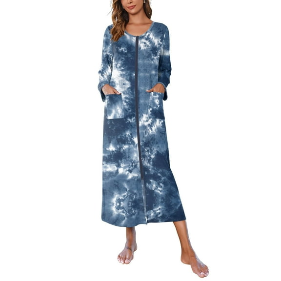 Ekouaer Women Long House Coat Zipper Front Robes Full Length Nightgowns with Pockets Striped Loungewear