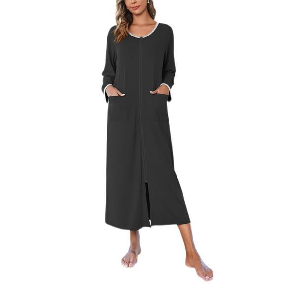 Ekouaer Women Long House Coat Zipper Front Robes Full Length Nightgowns with Pockets Striped Loungewear