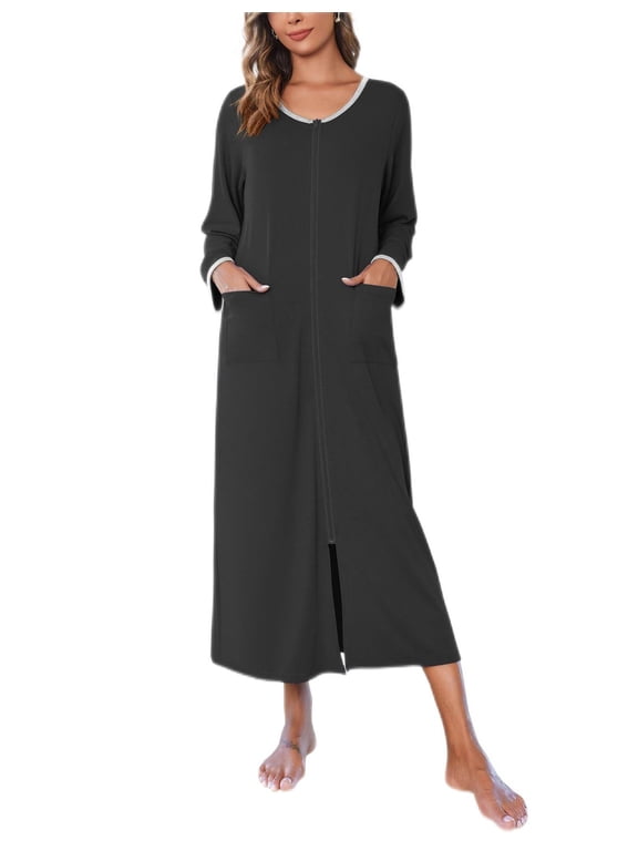 Women Long House Coat Zipper Front Robes Full Length Nightgowns with Pockets Striped Loungewear