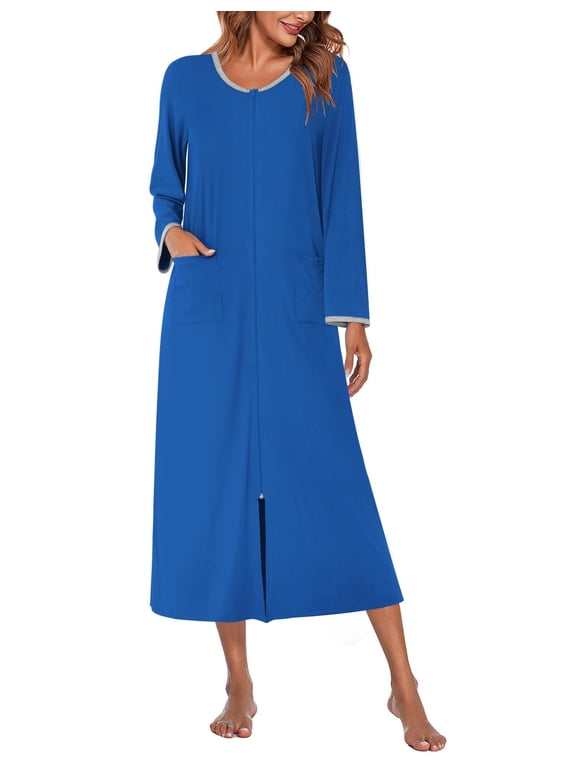 Women Long House Coat Zipper Front Robes Full Length Nightgowns with Pockets Striped Loungewear