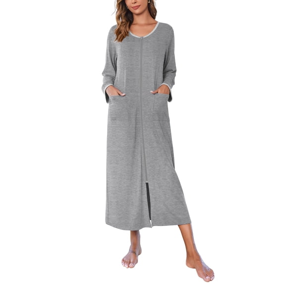 Ekouaer Women Long House Coat Zipper Front Robes Full Length Nightgowns with Pockets Striped Loungewear