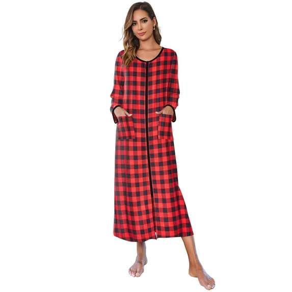 Ekouaer Women Long House Coat Zipper Front Robes Full Length Nightgowns with Pockets Striped Loungewear