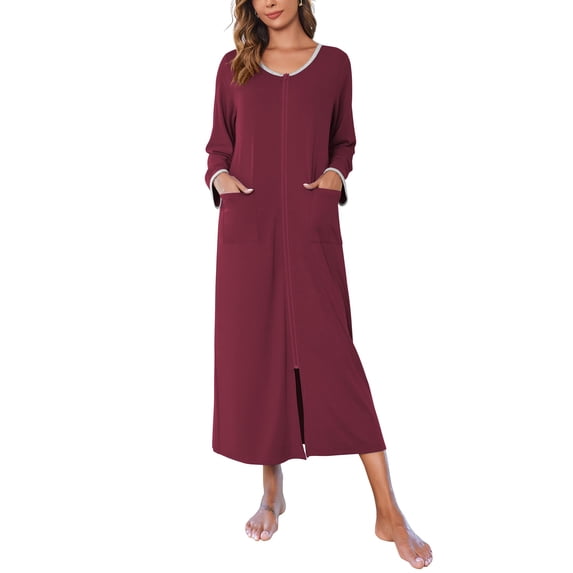 Ekouaer Women Long House Coat Zipper Front Robes Full Length Nightgowns with Pockets Striped Loungewear