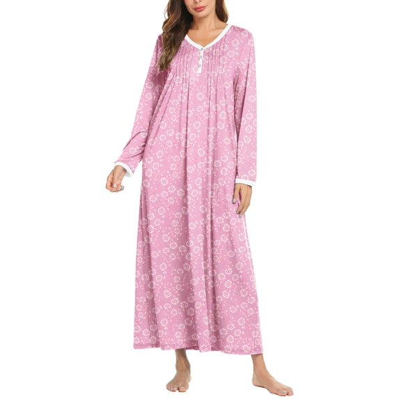 Ekouaer Women' Long Sleeve Nightgown Full Length Sleepwear Long Sleepshirts Henley Sleep Dress -