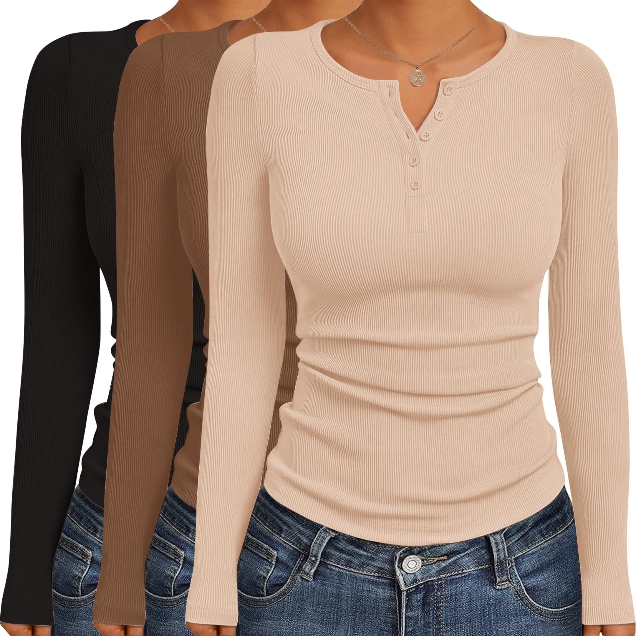 Ekouaer Women' Long Sleeve Shirts 3 Packs Henley Button Down Tops Ribbed Slim Fit Base Layer Soft Thermal Tee Black/Beige/BrownXS