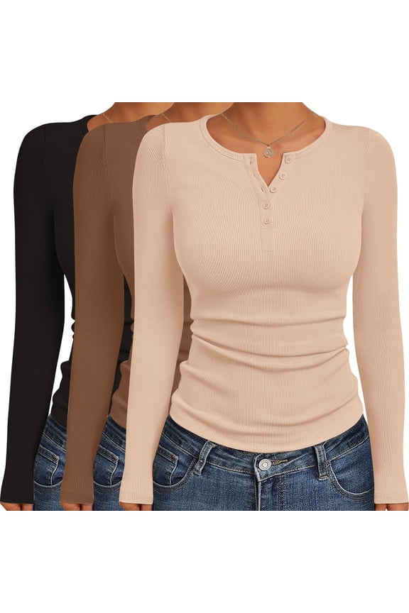 Women' Long Sleeve Shirts 3 Packs Henley Button Down Tops Ribbed Slim Fit Base Layer Soft Thermal Tee Black/Beige/BrownXS
