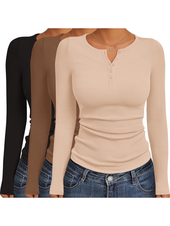 Women' Long Sleeve Shirts 3 Packs Henley Button Down Tops Ribbed Slim Fit Base Layer Soft Thermal Tee Black/Beige/BrownXS