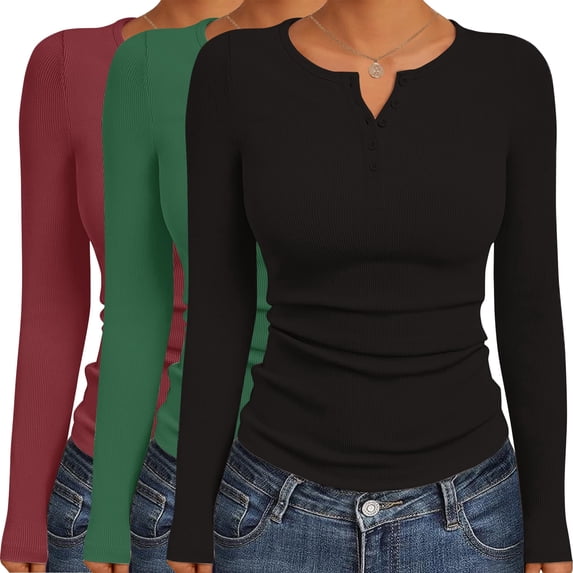 Ekouaer Women' Long Sleeve Shirts 3 Packs Henley Button Down Tops Ribbed Slim Fit Base Layer Soft Thermal Tee Black/Green/Wine RedL