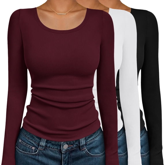 Ekouaer Women Long Sleeve Tops Fitted Round Neck Shirt Ribbed Basic T Shirt 3 Pack Soft Thermal Undershirts Casual Base Layer Tee