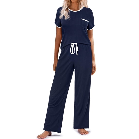 Ekouaer Women Lounge Pajamas Sets Ribbed Knit PJ Short Sleeve and Long Pajama Pant Soft 2 Piece Sleepwear Loungwear Set