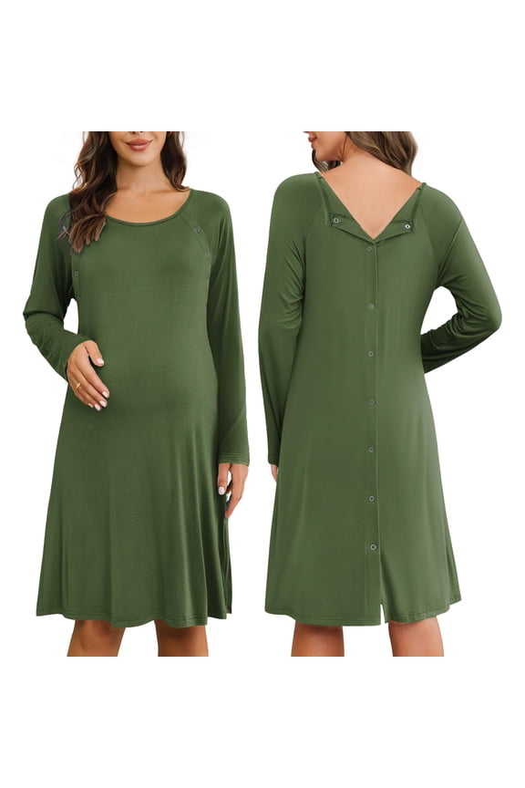 Women Maternity Nightgown Labor Delivery Nursing Gown Hospital Breastfeeding Dress Button Down Long Sleeve Sleepwear