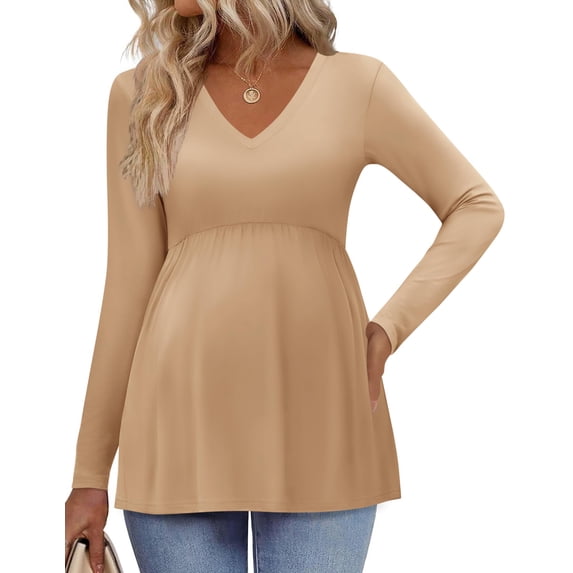 Ekouaer Women' Maternity Shirts Long Sleeve Pregnancy Tops for Women V Neck Tunic Blouses Clothes