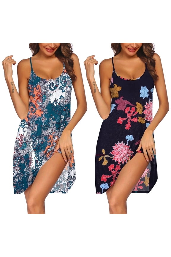 2 Pack Nightgowns for Women Sleeveless Nighties Spaghetti Strap Sleepwear Ladies Gown Sexy Racerback Sleep Dress