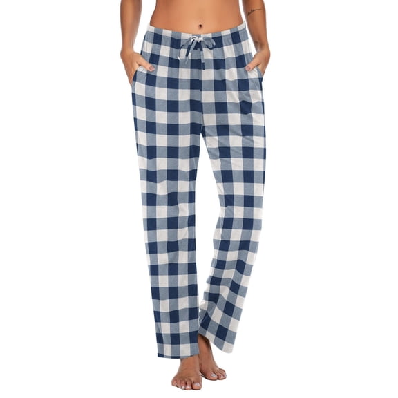 Ekouaer Women Pajama Pants Comfy Pj Bottom with Pockets Stretch Plaid Sleepwear Blue and White Plaid Large