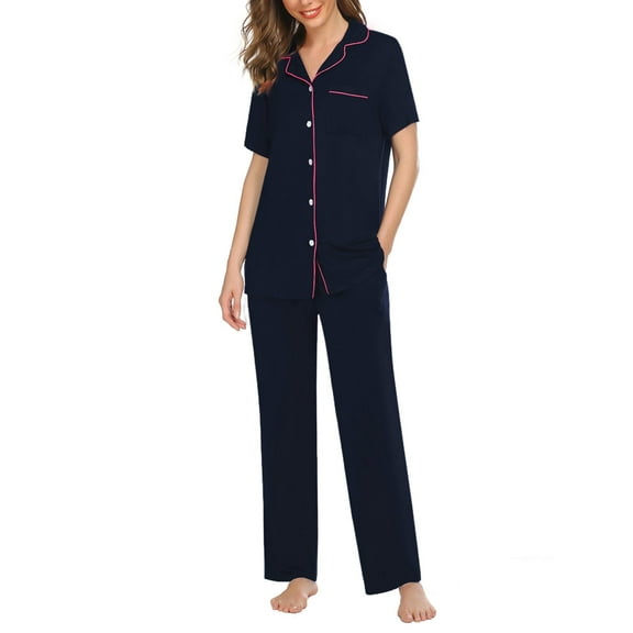 Ekouaer Womens Button-Down Pajama Set Soft Short Sleeve Sleepwear with Long Pants