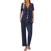 Ekouaer Womens Button-Down Pajama Set Soft Short Sleeve Sleepwear with Long Pants