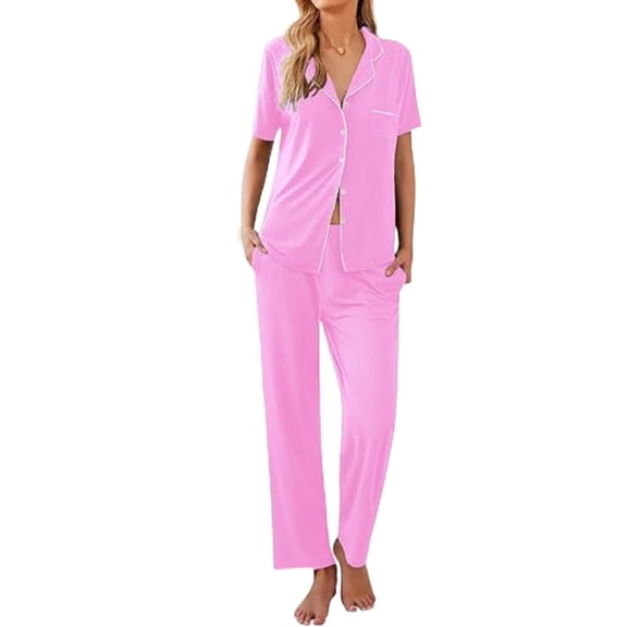 Ekouaer Womens Button-Down Pajama Set Soft Short Sleeve Sleepwear with Long Pants