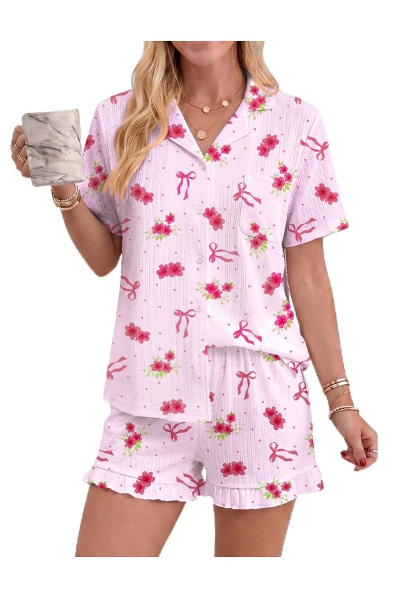 Women' Pajamas Sets Button Down Pjs Short Sleeve Ruffle Sleepwear