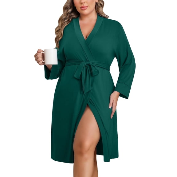 Ekouaer Women Plus Size Robe Knee Length Lightweight Bathrobe Short Kimono Robes with Pockets Maternity Robe