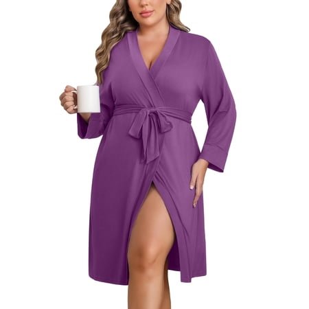 Ekouaer Women Plus Size Robe Knee Length Lightweight Bathrobe Short Kimono Robes with Pockets Maternity Robe