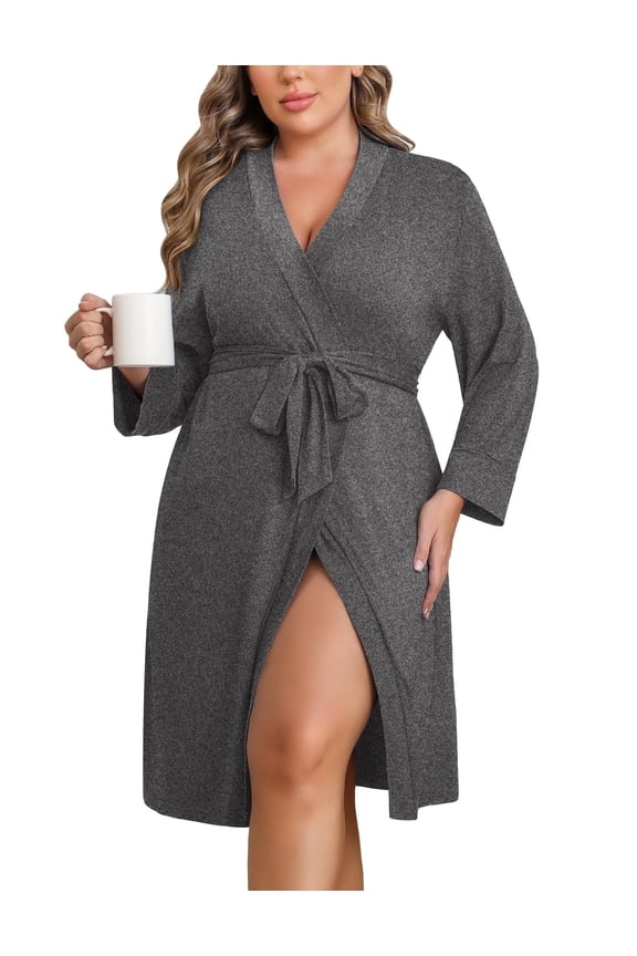 Women Plus Size Robe Knee Length Lightweight Bathrobe Short Kimono Robes with Pockets Maternity Robe