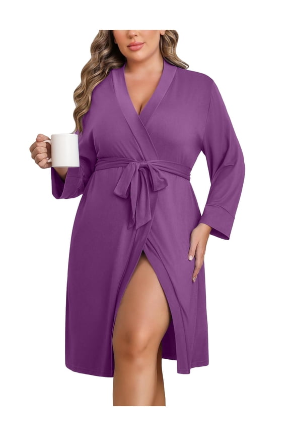 Women Plus Size Robe Knee Length Lightweight Bathrobe Short Kimono Robes with Pockets Maternity Robe