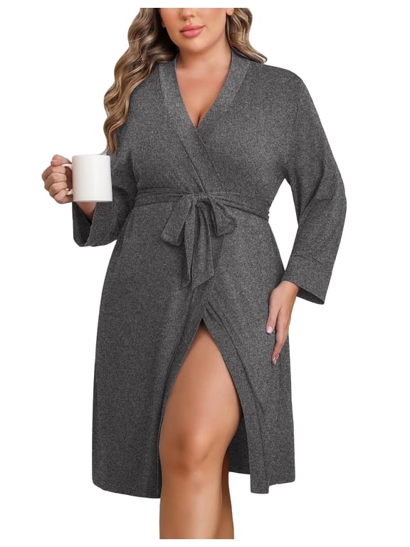 Women Plus Size Robe Knee Length Lightweight Bathrobe Short Kimono Robes with Pockets Maternity Robe